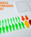 20 Piece Fish Mouth Needle Threader Set For Side Threading Sewing Machines And Hand Sewing Includes 16 Machine Needle Threaders And 4 Hand Threaders By VONEEDL displayed with storage box