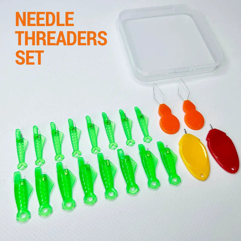 20 Piece Fish Mouth Needle Threader Set For Side Threading Sewing Machines And Hand Sewing Includes 16 Machine Needle Threaders And 4 Hand Threaders By VONEEDL displayed with storage box