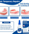 Denture Repair Glue Kit 1oz With Instant Bonding Adhesive For Cracks And Loose Teeth Safe Odor Free Bonding Quick On The Go Fix To Restore Your Smile And Keep Dentures Secure, showing kit contents and application examples.