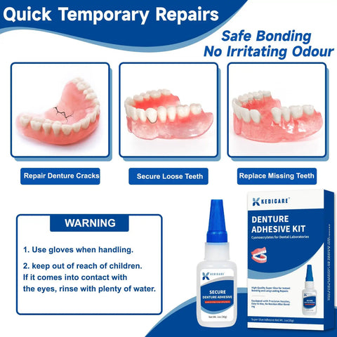 Denture Repair Glue Kit 1oz With Instant Bonding Adhesive For Cracks And Loose Teeth Safe Odor Free Bonding Quick On The Go Fix To Restore Your Smile And Keep Dentures Secure, showing kit contents and application examples.