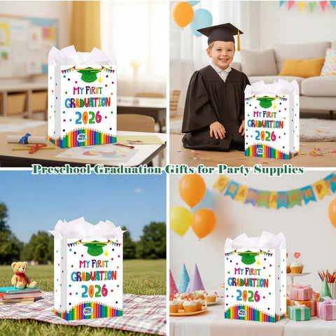 Preschool Graduation Gift Bags With Tissue Paper And Durable Handle 11 Inch My First Graduation Bags For Kids Kindergarten Pre K Boys And Girls Party Favors And Keepsake shown in classroom and outdoor settings.