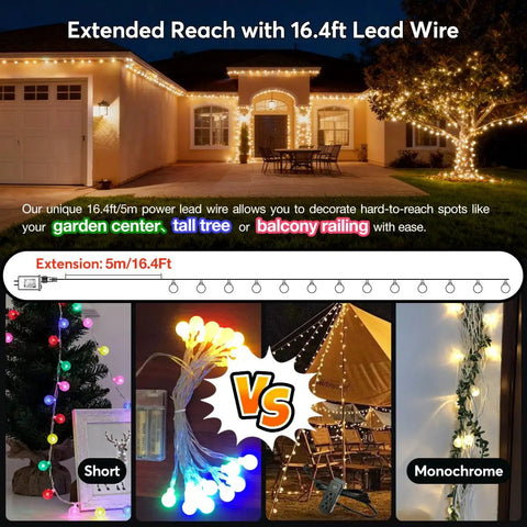 Globe String Lights With 49.2 Feet Total Length, 100 Warm White LEDs, showcasing extended reach with 16.4ft lead wire in outdoor setting.