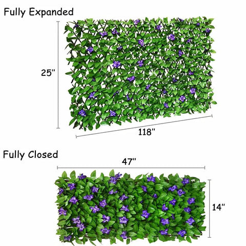 Expandable Faux Ivy Fence Privacy Screen For Balcony And Patio Outdoor Decor With Artificial Hedges Single Sided Leaves And Purple Flowers, shown fully expanded and closed with dimensions noted.