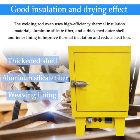 Heavy Duty Bench Welding Rod Oven With Digital Control Panel And Rock Solid Insulation For Pros Who Want No Nonsense Electrode Drying And Moisture Protection 220 Volt Power And Battle Ready Build For The Daily Grind. Yellow oven with thickened shell, aluminum silicate fiber, and control panel.
