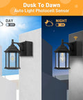 Outdoor Porch Light With Built In Outlet And GFCI, Dusk To Dawn Waterproof Hexagonal Design Wall Lantern lit at night