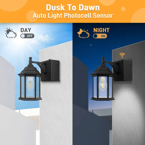 Outdoor Porch Light With Built In Outlet And GFCI, Dusk To Dawn Waterproof Hexagonal Design Wall Lantern lit at night