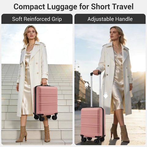 Kono 15-inch nude/rose pink underseat carry-on luggage with smooth spinner wheels (front and side views)