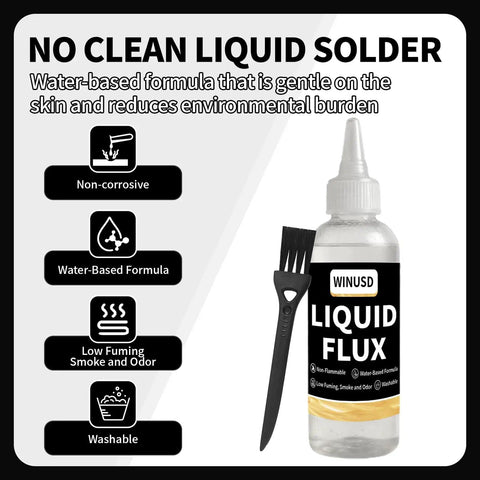 Water Based No Clean Solder Flux for Electronics Soldering, RoHS and REACH Compliant, 4oz lead free liquid flux bottle with brush
