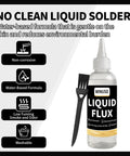 Liquid Solder Flux Water Based No Clean Flux For Soldering Electronics bottle with brush, non-corrosive features displayed.