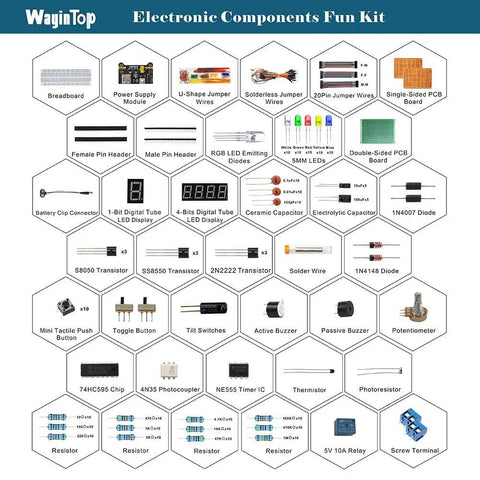 Electronic Component Fun Kit With Ebook Upgrade Starter Kit Includes Breadboard Jumpers PCB Soldering Kit LEDs And Resistors For Arduino Raspberry Pi ESP32 And ESP8266 Projects And Hands On Learning, showing various components including jumpers, LEDs, and resistors.