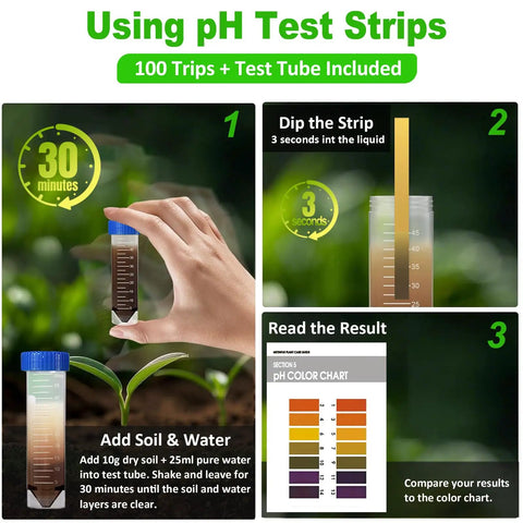 All In One Soil Moisture Meter Kit With Handy Plant Care Guide And 100 pH Test Strips Sample Tube No Battery Needed For Garden Lawn Farm And Indoor Plants Hygrometer Sensor Tool For Easy Moisture And pH Testing showing pH test strip instructions with sample tube and color chart.
