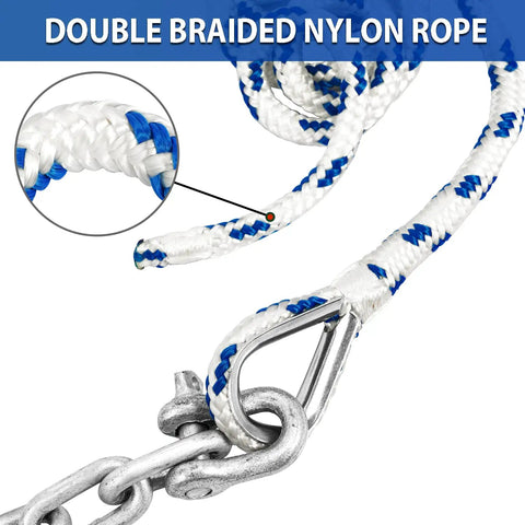 Close-up of double braided nylon rope and shackle from Portable Galvanized Fluke Anchor Kit For 12 To 22 Foot Boats Includes 8 Lb Fluke Anchor