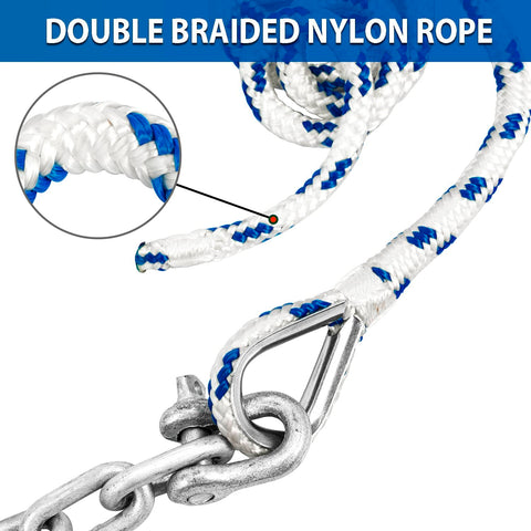 Double braided nylon rope and galvanized chain from Portable Galvanized Fluke Style Anchor Kit With Seventy Five Foot Three Eighths Inch Nylon Rope, Six Point Five Foot Five Sixteenths Inch Chain, Two Five Sixteenths Inch Shackles, Ideal For Boats Sixteen To Twenty Six Feet, Great For River Currents.