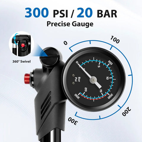 High Pressure Shock Pump With Gauge For Bike Suspension Up To 300 PSI, gauge showing PSI and BAR readings, black pump