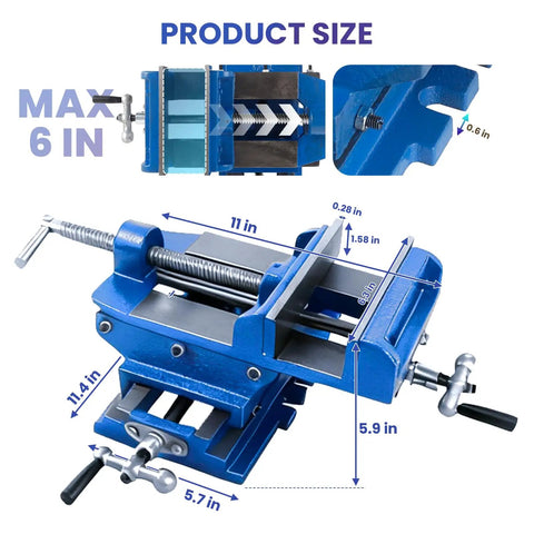 Top Shelf Heavy Duty Cast Iron Cross Slide Drill Press Vise featuring knockout precision slides, dimensions 11 in x 5.7 in x 6 in.