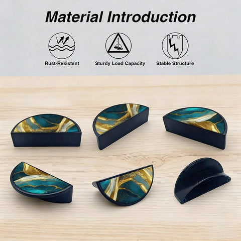Two Pack Dope Teal White Gold Fluid Art Cabinet Pulls With 3 Inch Hole Center Black Semicircle Drawer Handles displayed on wood surface