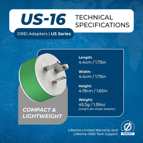 Type I Travel Power Plug Adapter With 2 USA Inputs For Australia New Zealand And China Safe Grounded 3 Pack Works With Phones Laptops Cameras CPAP And More Must Have shown with technical specifications including size and weight.