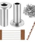 Stainless Steel Protector Sleeve For Cable Railing System One Eighth Inch Wire Rope Kit 100 Pack For Wood Posts Diy Deck Balustrade Protective Sleeve With Drill Bit displayed with included parts and accessories.