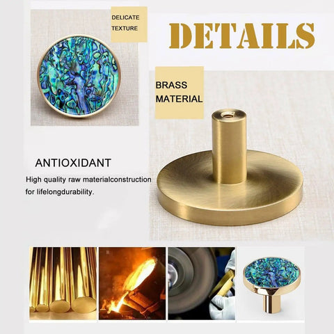 Product details of Six Pack Iridescent Abalone Mosaic Cabinet Knobs With Black Base Dope Stone Look Drawer Pulls with brass base