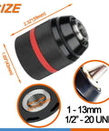 Keyless Drill Chuck Adapter Kit 1/2-20UNF With SDS-Plus Shank showing size dimensions and close-up of threading