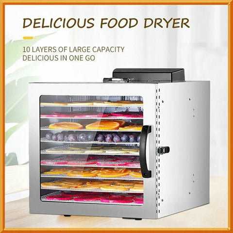 No Sweat Electric Food Dehydrator With 10 Roomy Stackable Trays, 1000 Watt Fruit And Veggie Dryer showcasing fruits on shelves.