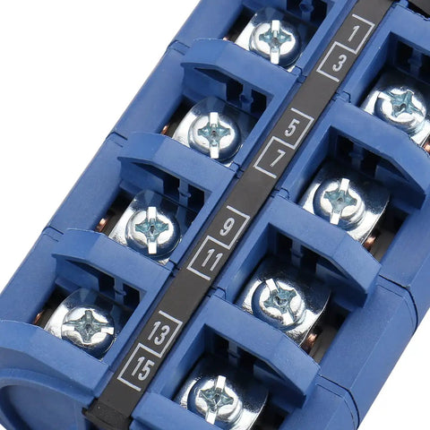 Close-up of Heavy Duty Beefy Rotary Selector Cam Changeover Switch 660V 63A 3 Position with terminal screws and wiring slots in blue casing.