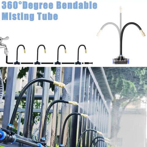 49.21Ft Drip Irrigation Kit With Five Sixteenth Inch Tubing for high flow watering, showing 360 degree bendable misting system