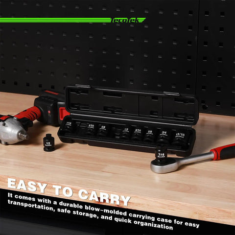 Rock Hard 10 Piece 1/2 Inch Drive Pipe Plug Socket Set with blow-molded case for easy transport and organization.