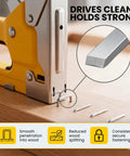 Workhorse Heavy Duty 3/8 T50 Staples For Staple Guns shown being used in a staple gun for clean wood fastening.