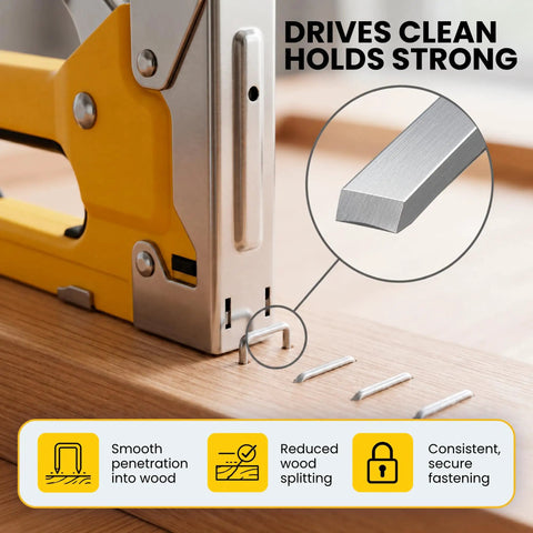 Workhorse Heavy Duty 3/8 T50 Staples For Staple Guns shown being used in a staple gun for clean wood fastening.