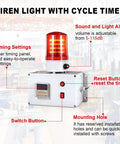 Industrial Cycle Timer Siren Alarm with adjustable 5 to 115 decibel loud volume and bright red flashing warning light for safety