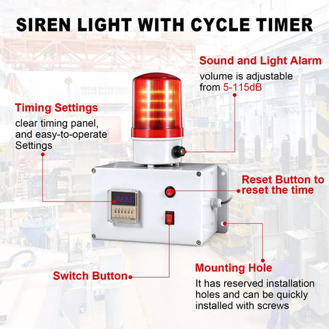 Industrial Cycle Timer Siren Alarm with adjustable 5 to 115 decibel loud volume and bright red flashing warning light for safety