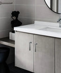 Elegant bathroom showing sturdy zinc alloy cabinet pull handles with screws, sleek door and drawer pulls for furniture, easy install.