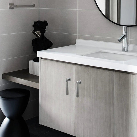 Elegant bathroom showing sturdy zinc alloy cabinet pull handles with screws, sleek door and drawer pulls for furniture, easy install.