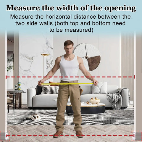 Person measuring for Triple Lock Baby Gate Extra Wide 31 To 35 Inches Pressure Mounted Walk Through Swing Auto Close Black Metal Gate