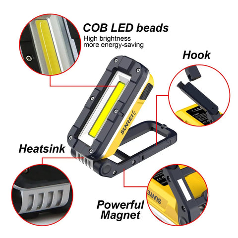 Rechargeable Magnetic Work Light 1200 Lumens With COB LED, Seven Modes, featuring COB LED beads, hook, heatsink, and powerful magnet.
