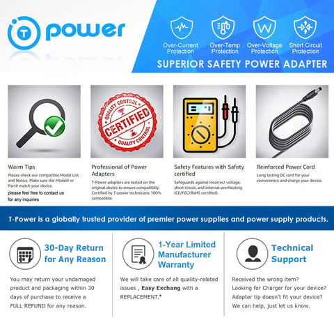 Graphic showcasing T-Power's 15V 16V AC DC Power Adapter Charger For Celestron PowerTank 12 17 with certifications and features.