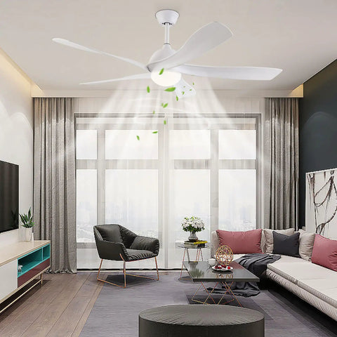 Ceiling Fan Light with Handheld Controller, 6 Wind Speeds, 3 Light Color, in bright living room with modern decor.