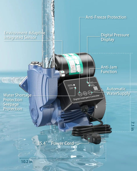1.5HP Water Pressure Booster Pump With Digital Pressure Display 110V Stainless Steel Auto Start Stop System for Home Garden Irrigation