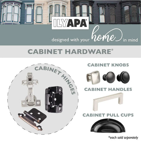 Cabinet hardware variety from ILYAPA, showing knobs, handles, pull cups, and Self Closing Cabinet Hinges Oil Rubbed Bronze 50 Pack Three Eighth Inch Inset Variable Overlay Space Saving Kitchen Cabinet Door Hardware Easy Install With Free Mounting Hardware Individually Wrapped For Scratch Protection.