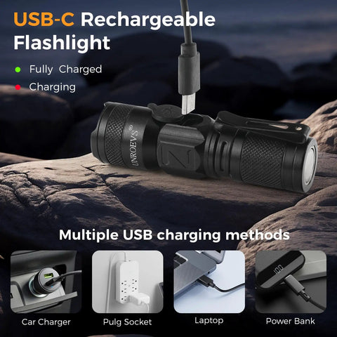 Rechargeable Mini Magnet Flashlight 1200 Lumen Zoomable EDC Light shown with USB-C charging cable, on rocks.