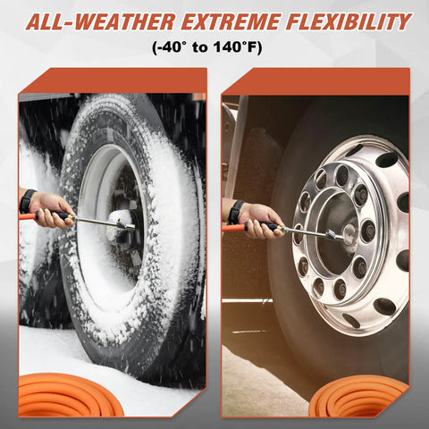 50 Ft Truck Air Hose Kit With Universal Glad Hand And 30 Degree Dual Chuck, 3/8 Inch Hybrid Tire Inflator Hose in use