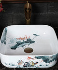Square Sink Bowls For Bathroom,Ceramic Vessel Sink With Faucet And Drainer Above Counter White Porcelain Ceramic Vessel Vanity Sink With Flower featuring floral design and high-gloss finish.