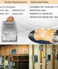 Motorized zone valve with end switch, 24Vac, 18in leads, brass valve mounted on copper piping.