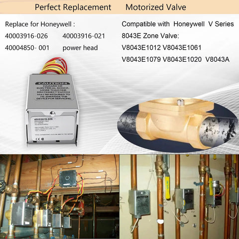 Motorized zone valve with end switch, 24Vac, 18in leads, brass valve mounted on copper piping.