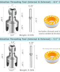 Dimensions of Integrated Internal And External PVC Pipe Threading Tool Kit With Sealant Tape shown for 1/2 and 3/4 inch sizes