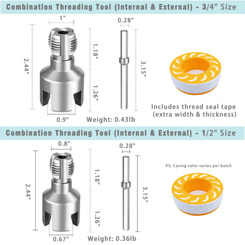 Dimensions of Integrated Internal And External PVC Pipe Threading Tool Kit With Sealant Tape shown for 1/2 and 3/4 inch sizes