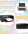 Image showing Dark Fabric Heat Transfer Paper compatibility with inkjet, laser, and sublimation printers for DIY projects.