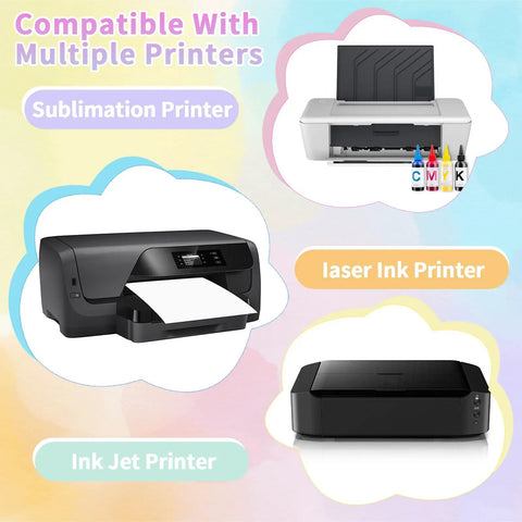 Image showing Dark Fabric Heat Transfer Paper compatibility with inkjet, laser, and sublimation printers for DIY projects.