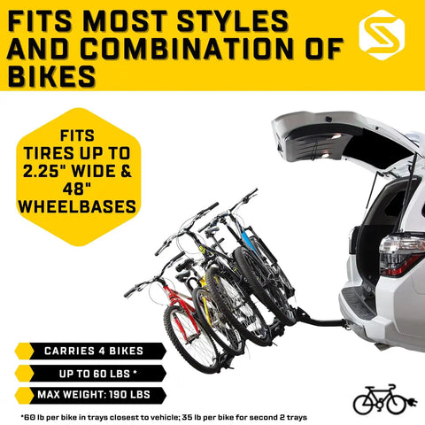 Heavy Duty 4 Bike Hitch Rack for 2 Inch Receiver, 190 Lb Total Weight shown on SUV with bikes securely mounted.